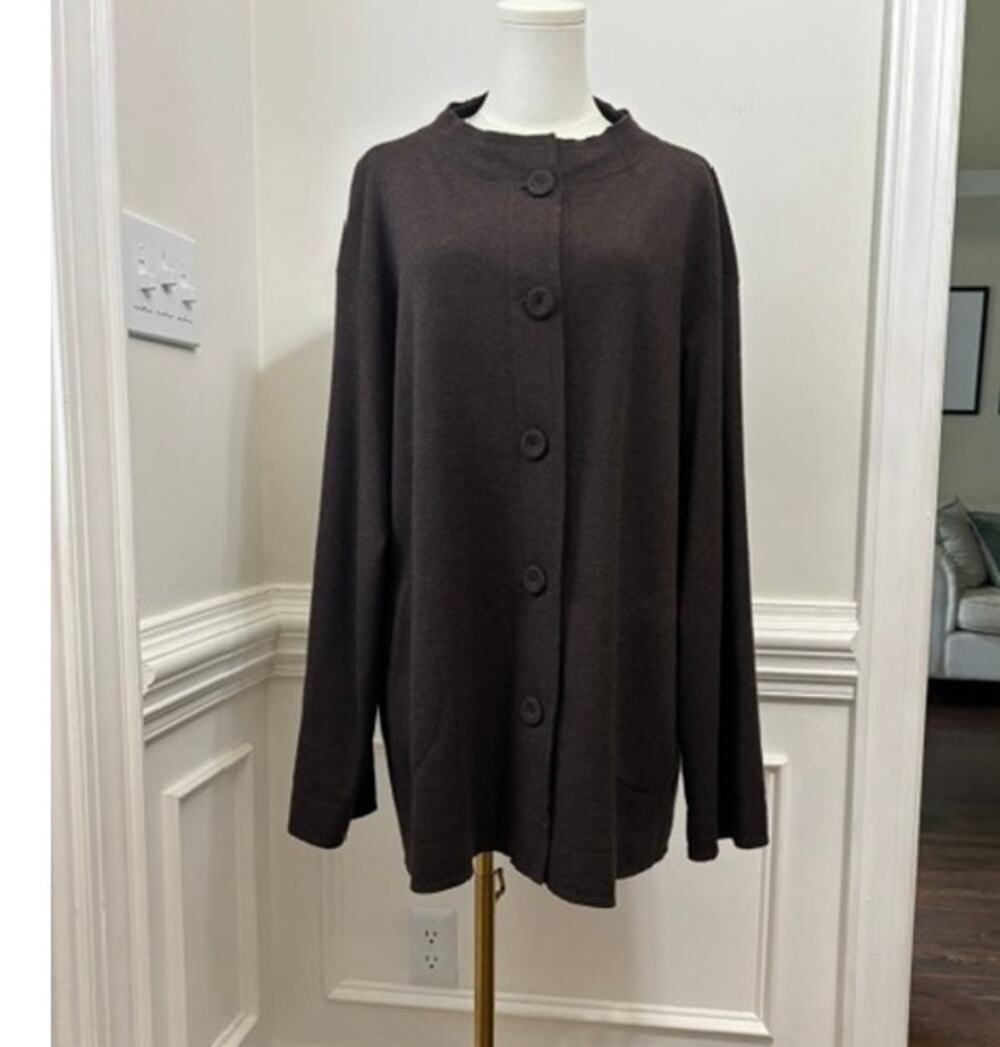 Eileen Fisher Jacket Cardigan Blazer XL 100% Wool Brown Button Front Classy